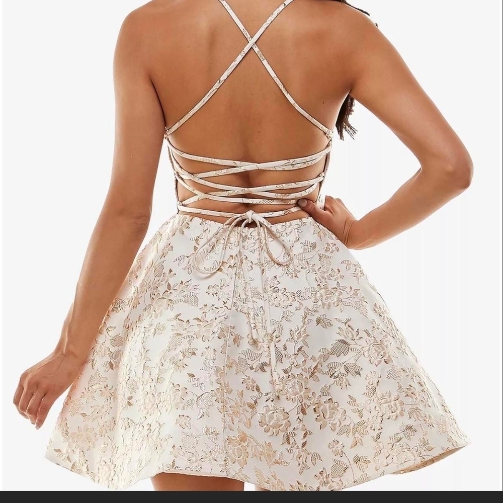 B Darlin Ivory Floral Lace Backless Dress - Picture 3 of 7